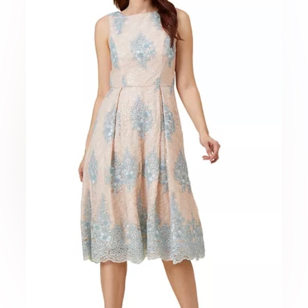 Adrianna Papell Cocktail Dress Blush Pink Baby blue Lace Fit & Flare Sz 18 READ